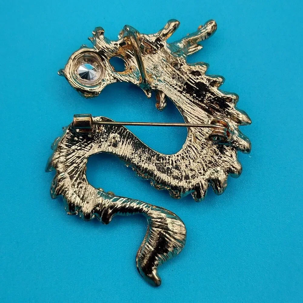 Sparkling Gold Tone Dragon Brooch Pin Red Crystal Ball Clear Rhinestones Fashion